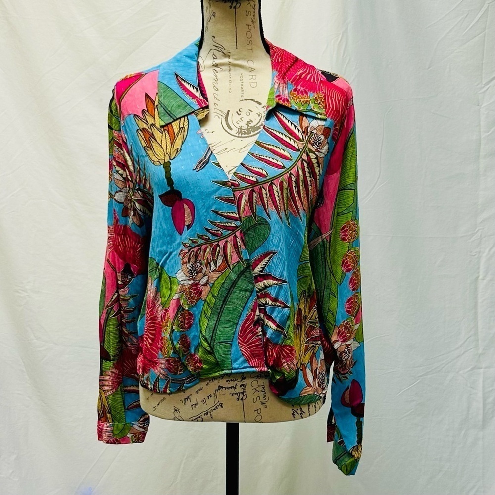 Rachel Rachel Roy Tropical Floral Leaf Bird Print Wrap Top Long Sleeve Large - Picture 3 of 12